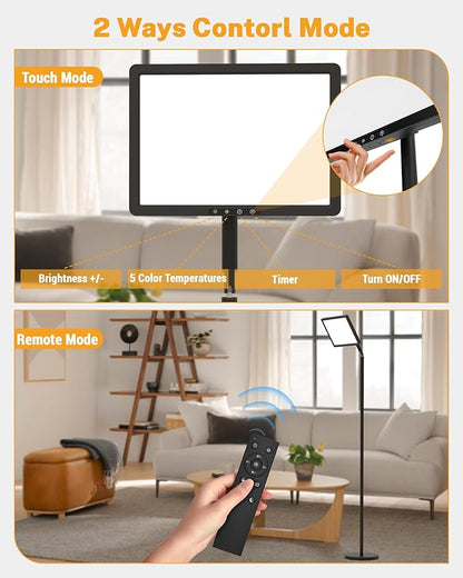 Light Therapy Lamp 12000 Lux UV-Free Full Spectum Floor Therapy Lamps, 4 in 1 LED Sun Lamp, 10 Brightess Levels, 5 Color Modes, Remote&Touch Control, Adjustable Timer/Height/Angle, Black