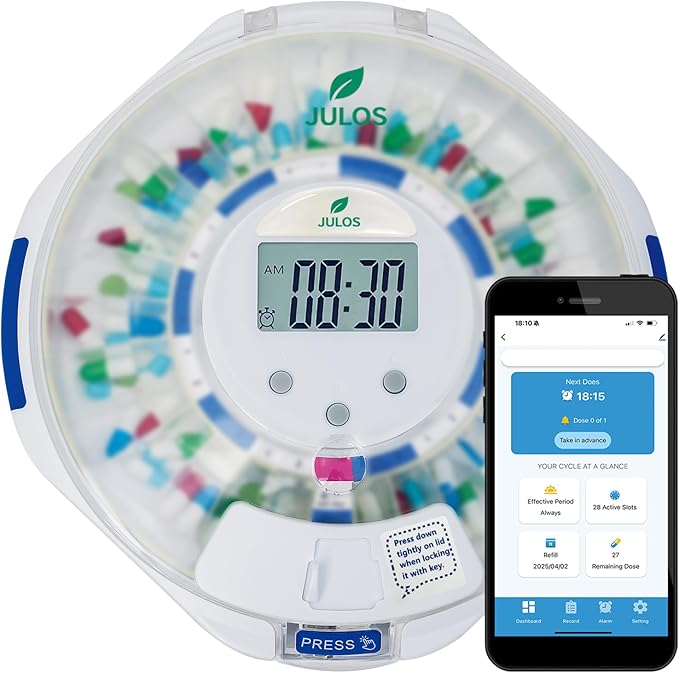 JULOS 28-Day Bluetooth Automatic Pill Dispenser for Seniors & Alzheimer’s Care, Sound/Light/App Alerts, up to 9 Alarms/Day, Locked Frosted Lid Medication Dispenser for Protecting Pills Privacy