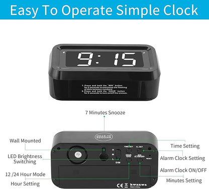 KWANWA Kids Alarm Clock, White LED, Battery, Auto-Night Mode, 12Hr/24Hr, Small, Travel, Bedside, Wall-Mount/Table-top, Easy to Read