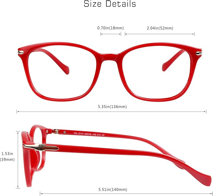 VisionGlobal Blue Light Blocking Glasses for Women, Anti Eyestrain, Computer Reading, TV Glasses, Stylish Square Frame, Anti Glare(Red,+1.00 Magnification)