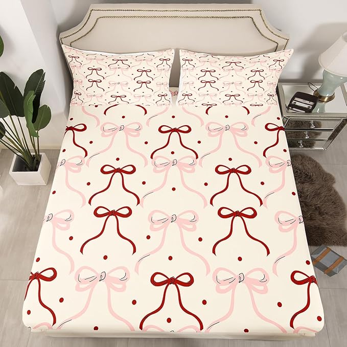 Manfei Bowknot Ribbon Bed Sheet Set 3 Pieces,Princess Red Pink Bow-tie Dreamy Girly Microfiber Bedding Set Without Flat,Cute Polka Dots Vintage Beige Fitted Sheet,2 Pillow Cases,Full Size