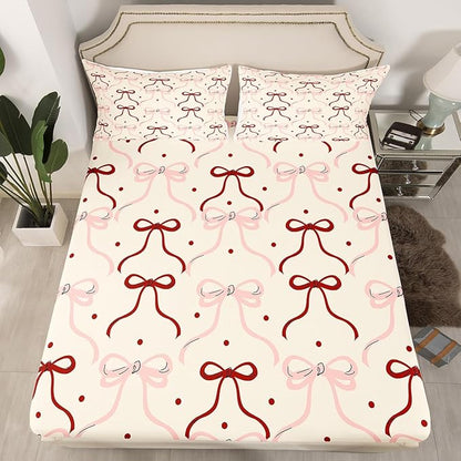 Manfei Bowknot Ribbon Bed Sheet Set 3 Pieces,Princess Red Pink Bow-tie Dreamy Girly Microfiber Bedding Set Without Flat,Cute Polka Dots Vintage Beige Fitted Sheet,2 Pillow Cases,Full Size