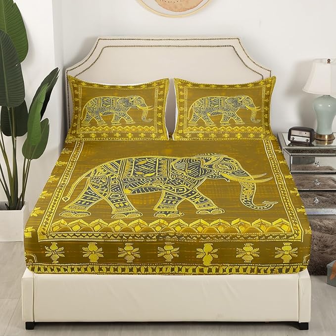 Manfei Indian Pattern Kids Sheet King Size,Native American Indian Style Bedding Set,Boys Girls Room Decor,Exotic Elephant Bohemia Golden Trippy Boho Bed Sheet Set 4pcs(Fitted + Flat + 2 Pillowcases)