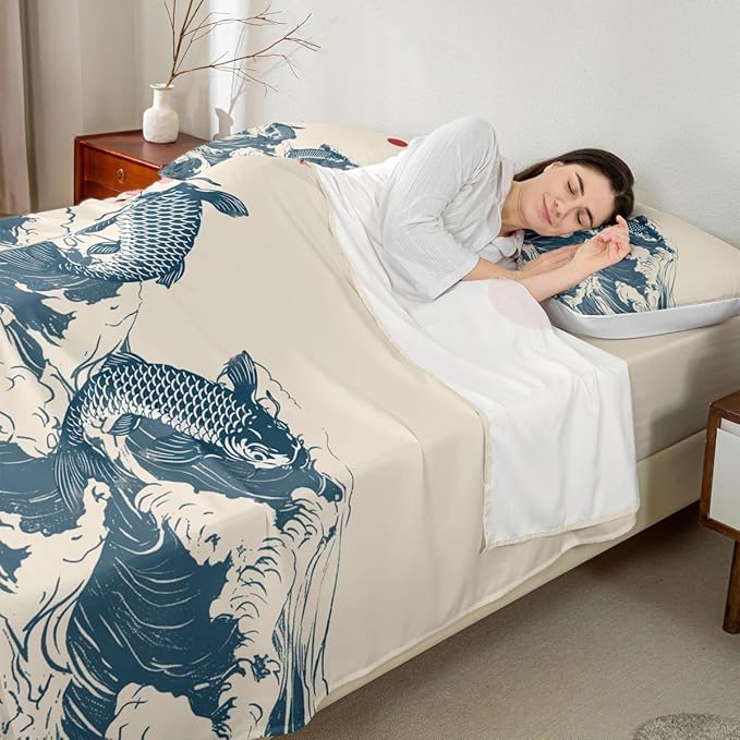 Waves Sheet Set Full,Koi Cherry Blossom Sunrise Bed Sheet 4pcs with Deep Pocket Fitted Sheet + Flat Sheet + 2 Pillowcases Japanese Art Landscape Romantic Natural Bedding Set for Kids Teens Room Decor