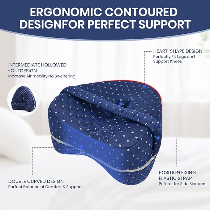 Knee Pillow for Side Sleepers, Alignment Pillows for Side Sleepers, Memory Foam Leg Pillow with Sleeping. Foam Support Pillow for Soothing Pain Relief for Sciatica - Adjustable Strap（Navy）