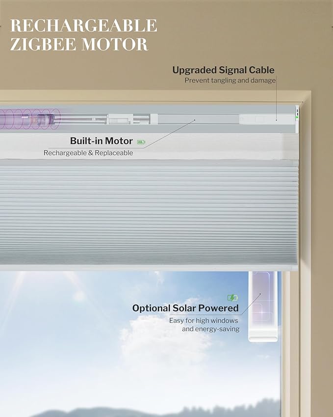 Graywind Motorized Day Night Cellular Shades with Remote, Smart Honeycomb Blinds Compatible with Alexa & Google Home, Custom Size Blackout/Privacy for Bedroom, Living Room & Home Office, White