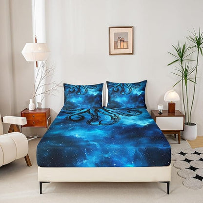 Octopus Sheet Set Queen Size Sealife Dark Blue Starry Sky Bed Sheet Set 4pcs with Deep Pocket Fitted Sheet + Flat Sheet + 2 Pillowcases Ocean Animal Abstract Soft Bedding Set for Kids Teens Room Decor