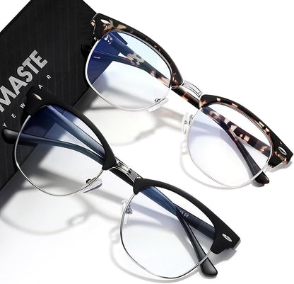 Blue Light Blocking Glasses Vintage Half Frame UV Clear Lens Anti Eyestrain Computer Gaming Glasses for Women Men (E-matte Black Silver+-leopard Silver)