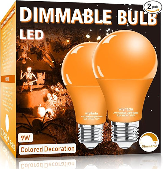 2 Pack A19 LED Orange Light Bulbs,120V E26 Halloween Orange LED Lights 9W Replace up to 100W, Dimmable Colored Light Bulbs for Porch, Home Lighting, Party Decoration, Holiday Lighting