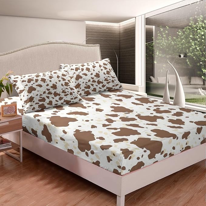 Rustic Cowhide Fitted Sheet,Farmhouse Brown Beige Cow Fur Print Soft Decorative Fabric Bedding Western Cowboy Animal Skin Graffiti Pocket Twin Size with 1 Pillowcase