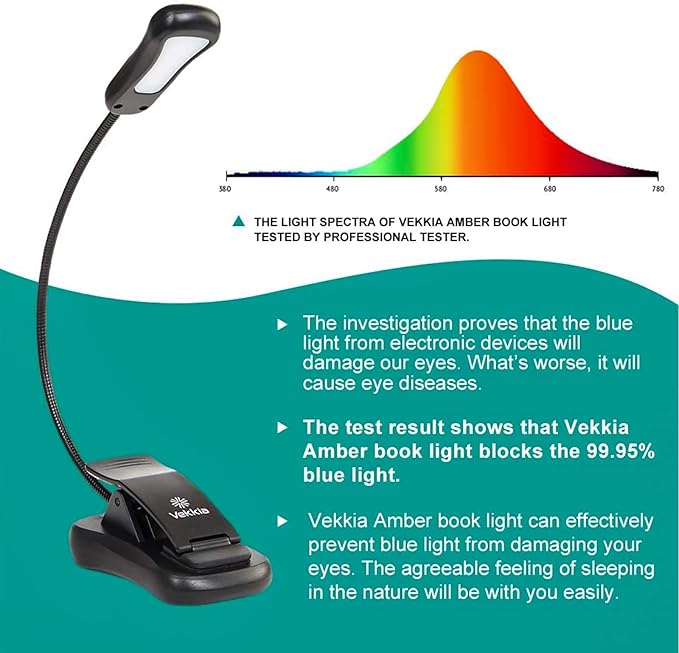 Vekkia/LuminoLite Rechargeable Amber Book Light, Clip on Lights for Reading in Bed, 3 Brightness × 3 Color Temperature, 2.1 oz Lightweight, 70 Hrs Reading, Perfect for Readers & Kids (Black)