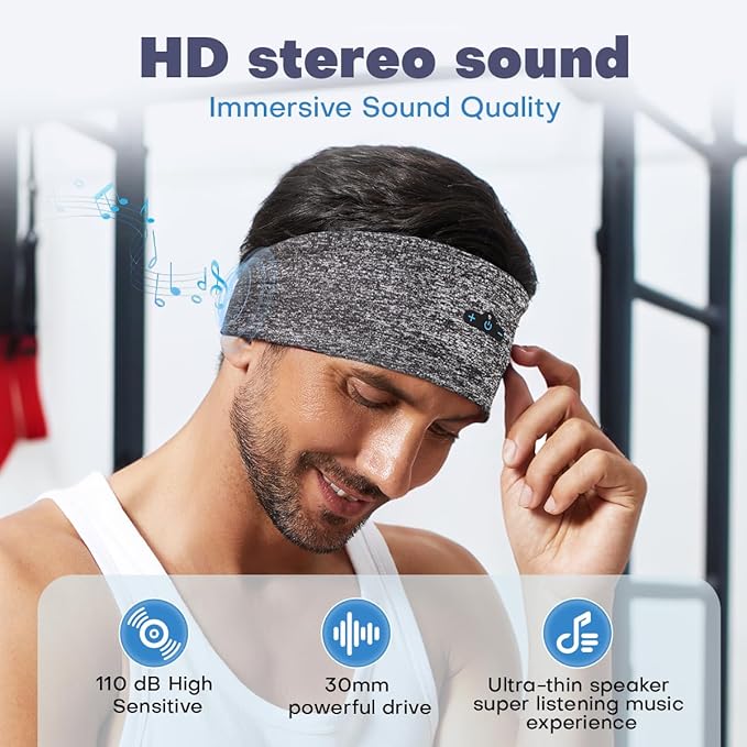 Sleep Headphones Bluetooth Headband for Side Sleeper, 17 Hours Playtime, Wireless Headband Headphones with HD Stereo Speakers for Workout,Running,Yoga, Ideal Gifts for Men, Women, Teens, Grey
