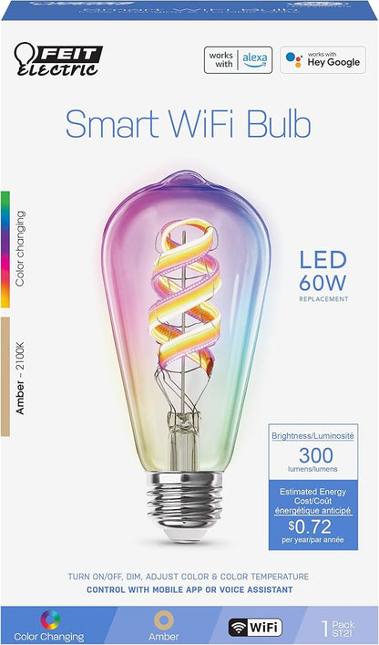Feit Electric ST21 Smart Spiral LED Filament Edison Bulb, 60W Equiv, RGBW Color Changing, Dimmable, 2.4GHz Wi-Fi Enabled, Works with Alexa & Google Home, App Control, ST2160/RGBW/FIL/AG/4, 4 Pack