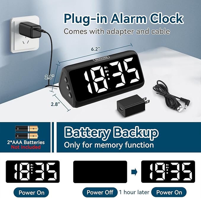 Netzu Loud Alarm Clock for Heavy Sleepers, Plug-in Alarm Clocks with Bed Shaker, 5 Dimmers, 2 Alarms, 4 Volumes and Snooze for Bedrooms Hearing Impaired Deaf Adult (Black and White)