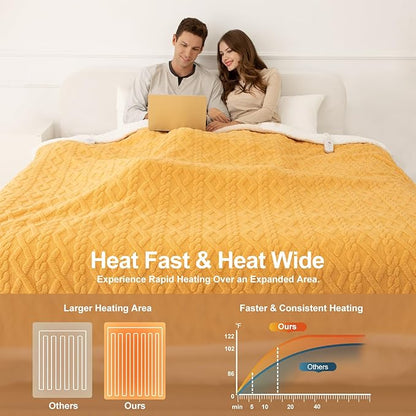 King Size Electric Blanket 100"X90" Yellow - Soft Thick Warm Sherpa Heated Blanket for Winter with Dual Control, 5 Heating Levels & 10hrs Auto Off for Women, Overheat Protection for Bed