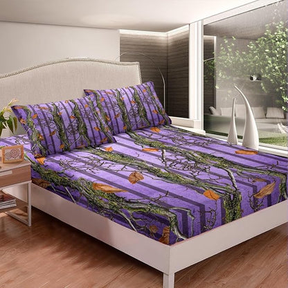 Tree Branches Kids Fitted Sheet Full Size,Botanical Leaves Rustic Nature Bedding Set,Boys Girls Room Decor,Jungle Hunting Cabin Adventure Bed Cover,Purple Bed Sheet,2 Pillowcases(No Top Sheet)