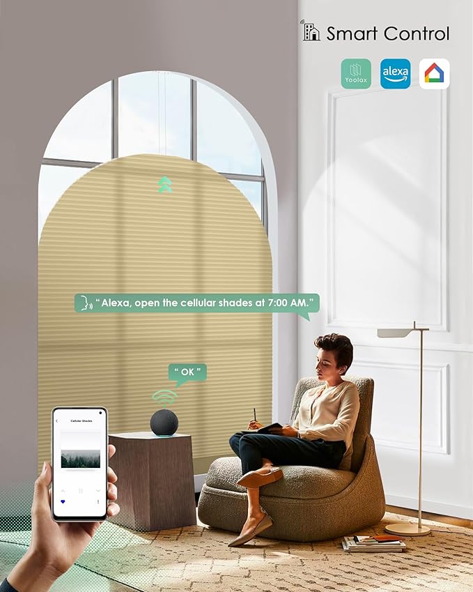 Yoolax Smart Cellular Shades, Motorized Elongated Arch Honeycomb Blinds Motorized Blinds with Remote Compatible with Alexa, Customized Elongated Arch Cellular Shade(Half Shading Light Coffee)