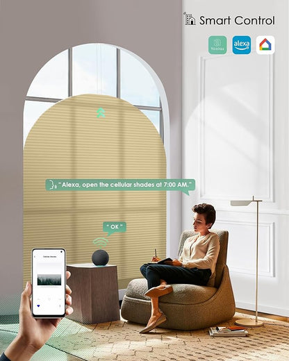 Yoolax Smart Cellular Shades, Motorized Elongated Arch Honeycomb Blinds Motorized Blinds with Remote Compatible with Alexa, Customized Elongated Arch Cellular Shade(Half Shading Light Coffee)