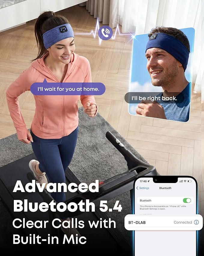 Sleep Headphones Bluetooth 5.4, Sleeping Headphones for Side Sleepers, Ultra-Thin Stereo Speakers & Long-Lasting Time Battery, Soft & Sweat-Proof for Sports Yoga Nap