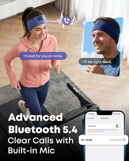 Sleep Headphones Bluetooth 5.4, Sleeping Headphones for Side Sleepers, Ultra-Thin Stereo Speakers & Long-Lasting Time Battery, Soft & Sweat-Proof for Sports Yoga Nap