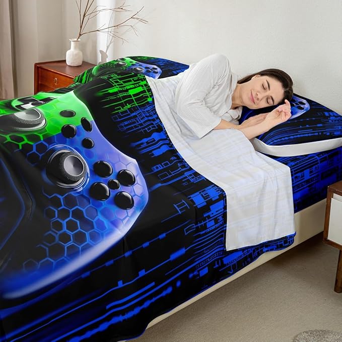 Gamepad Kids Sheet Full Size,Modern Videogame Gaming Controller Bedding Set,Boys Girls Room Decor,Geometric Honeycomb Hexagon Blue Green Fashion Bed Sheet Set 4pcs(Fitted + Flat + 2 Pillowcases)