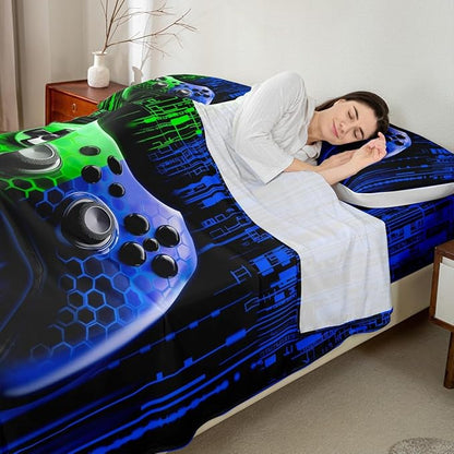 Gamepad Kids Sheet Queen Size,Modern Videogame Gaming Controller Bedding Set,Boys Girls Room Decor,Geometric Honeycomb Hexagon Blue Green Fashion Bed Sheet Set 4pcs(Fitted + Flat + 2 Pillowcases)