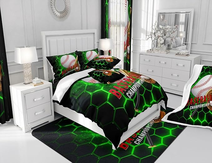 Manfei Baseball Sheet Set Queen Size, Sports Theme Bed Sheet Set 4pcs with Deep Pocket Fitted Sheet + Flat Sheet + 2 Pillowcases, Green Honeycomb Geometric Bedding Set for Kids Boys Adults Room Decor