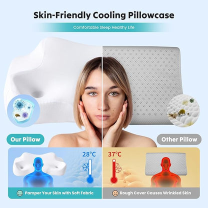 Sweetcrispy Cervical Pillow for Neck and Shoulder,Contour Memory Foam Pillow,Ergonomic Neck Support Pillow for Side Back Stomach Sleepers with Pillowcase, White