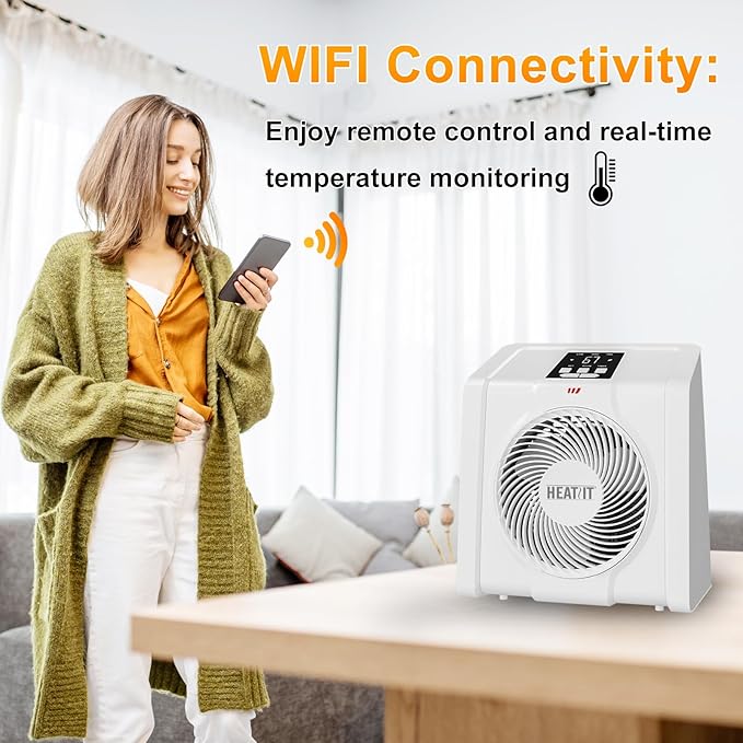 HEATIT Space Heater with Remote for Indoor, Digital Display with Thermostat，Containing Plasma & Ozone,1-12H Timer, 1500W/750W, Electric Space Heater for Office, Bedroom,White,10.6"Dx7.0"W x 11.8"H