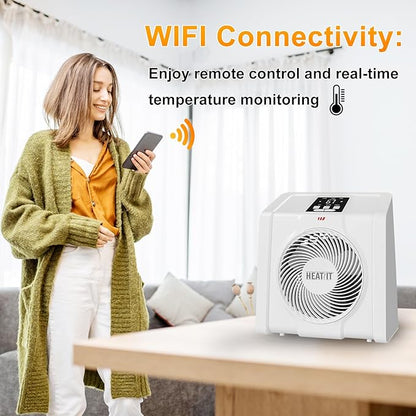 HEATIT Space Heater with Remote for Indoor, Digital Display with Thermostat，Containing Plasma & Ozone,1-12H Timer, 1500W/750W, Electric Space Heater for Office, Bedroom,White,10.6"Dx7.0"W x 11.8"H