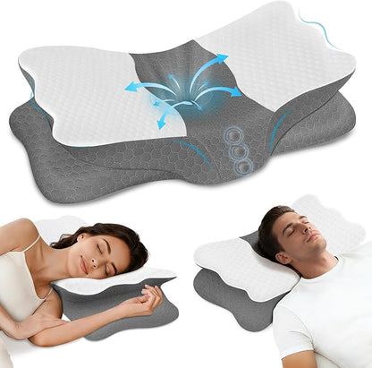 Cervical Neck Pillow for Neck Pain Relief - Memory Foam Ergonomic Neck Support Pillows for Sleeping with Cooling Pillowcase, Orthopedic Contour Pillow for Side, Back and Stomach Sleepers