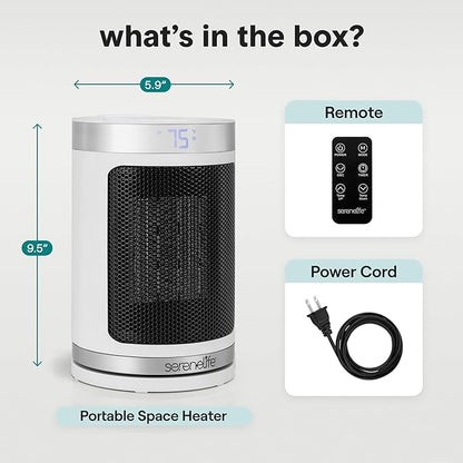 SereneLife Smart Space Heater – 1500W Indoor Electric Heater with Thermostat, Remote Control, 12-Hour Timer, Wi-Fi Enabled PTC Ceramic Heating for Home and Office, White (5.9" x 5.9" x 9.5")
