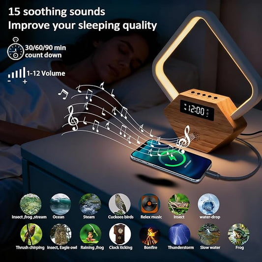 Wood Sunrise Alarm Clock with White Noise Machine 3 Color Night Light 15 Soothing Sounds Sleep Aid 30/60/90min Timer 10 Alarm Ringtones USB C PD Phone Charger Anniversary Birthday Gifts for Women Men
