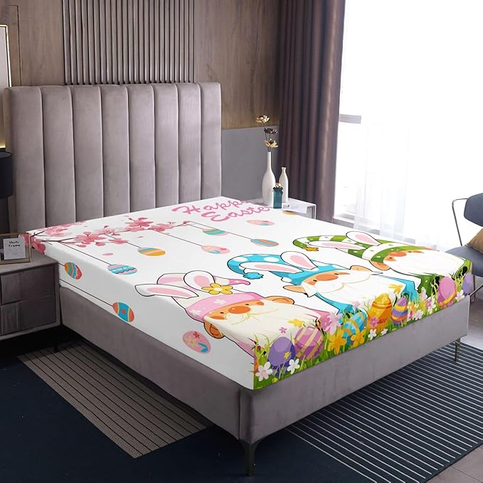 Lovely Gnome Fitted Sheet Twin Size Eggs Flowers Happy Easter Bedding Set for Kids Bedroom Floral Spring Cartoon Bed Sheet Set 2pcs White Colorful Deep Pocket Mattress Cover,No Top Flat