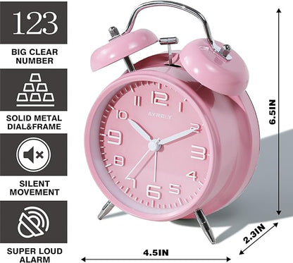 AYRELY® Super Loud Twin Bell Alarm Clock for Heavy Sleepers Adults, 4-Inch Retro Silent Non-Ticking with Night-Light, 3D Raised Number Dial, Battery Operated for Bedroom Bedside (3D Dial – Pink)