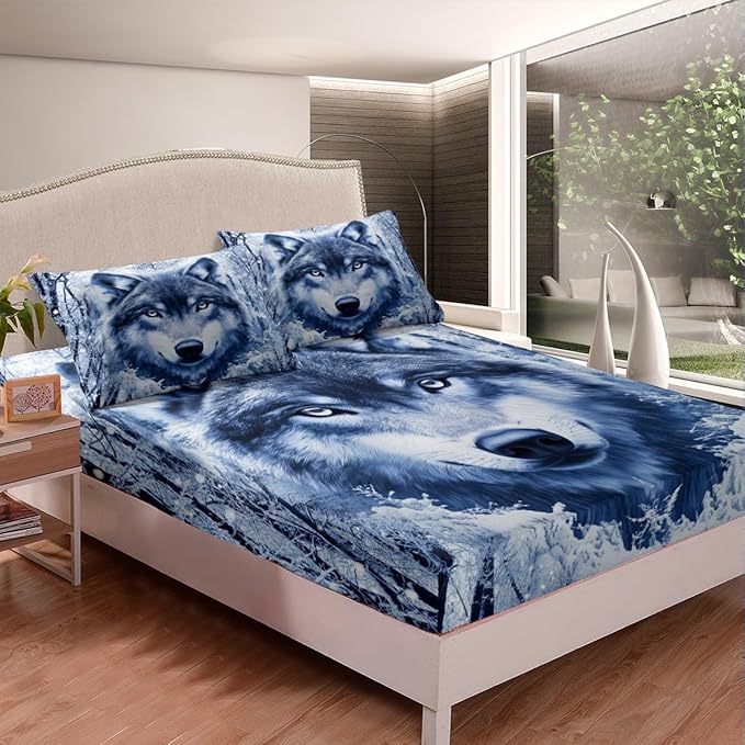 Manfei Wolf Sheet Set Full,Winter Tree Bed Sheet Set 4pcs with Deep Pocket Fitted Sheet + Flat Sheet + 2 Pillowcases Plant Animal Theme Soft Warm Bedding Set for Kids Teenss Room Decor