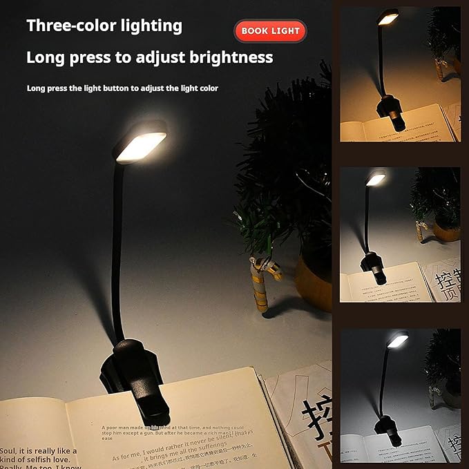 Rechargeable Reading Light, 10LED Beads with 3 Color Temperatures (3000K-6000K), Eye-Caring for Reading, Portable Book Clip Design + Non-Slip Base & 360° Flexible Gooseneck