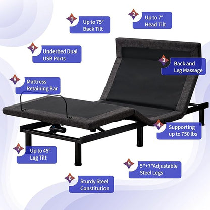 MUUEGM Twin XL Adjustable Bed Frame with Thickened Frame, Head and Foot Lift, Head-Pillow-Tilt, Adjustable Beds with Smart APP Control, Massage, Zero Gravity, Anti-Snore, Wireless Remote,USB Ports