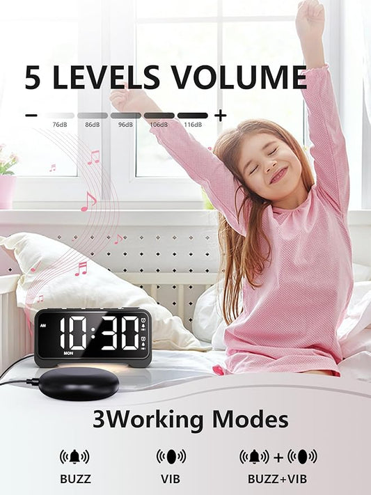 Vibrating Alarm Clock for Heavy Sleepers with Bed Shaker, Extra Loud Buzzer, Dual Alarms, Adjustable Night Light, USB Charging, Battery Backup, for Seniors, Teens, Hearing Impaired