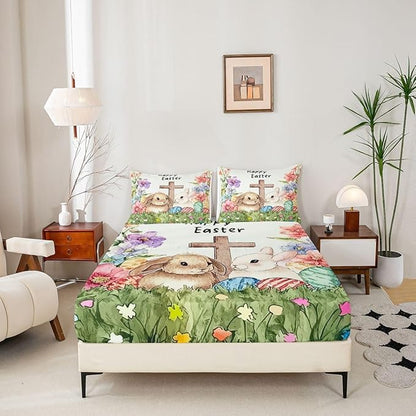 Happy Easter Bed Sheet Twin Size Easter Egg Kawaii Rabbit Bedding Set Spring Flower Farmhouse Fitted Sheet Kids Boys Girls Room Decor Green Colorful Soft Sheets with 1 Pillowcase,No Top Flat