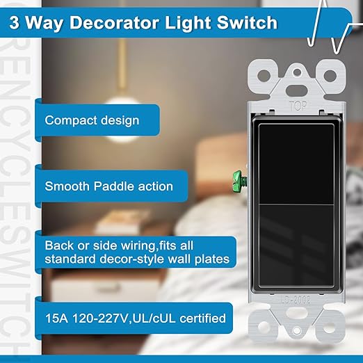 Greencycle Black 3 Way Light Switch,40PK Three Way Single Pole Switches, 15A 120-277V Rocker Paddle Wall Switch,On Off Switches, Self-Grounding, UL Certified,Residential and Commercial Grade