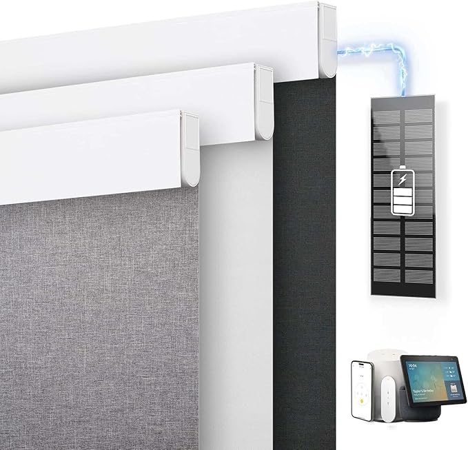 DENFOON Motorized Blinds with Remote control, Custom Blackout Smart Blinds [with Cover],Electric Blinds with Complimentary Solar Panel, Cordless Automatic Roller Shades for Windows (Grey，34¼"W x 72"H)