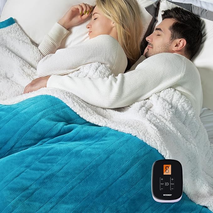WOOMER Electric Blanket Full Size 77" x 84", Heated Blanket with 0.5-12 Hours Timer & 10 Heating Levels, ETL Certified, Teal Velvet & White Sherpa, Over-Heat Protect, Machine Washable