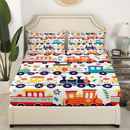 Cartoon Trains Kids Fitted Sheet Twin Size,Choochoo Retro Steam Locomotive Train Bedding Set,Boys Girls Room Decor,Daisy Flowers Leaf Dots Bed Cover,Colorful Cute Bed Sheet,1 Pillowcase