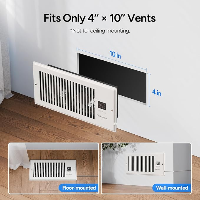 DR.PREPARE Register Booster Fan Fit for 4"×10" Register Holes, Smart Vent Booster w/Thermostat Control & Remote Control, Improves Heating & Cooling Vents, Quiet Fan Mode with 10 Speeds