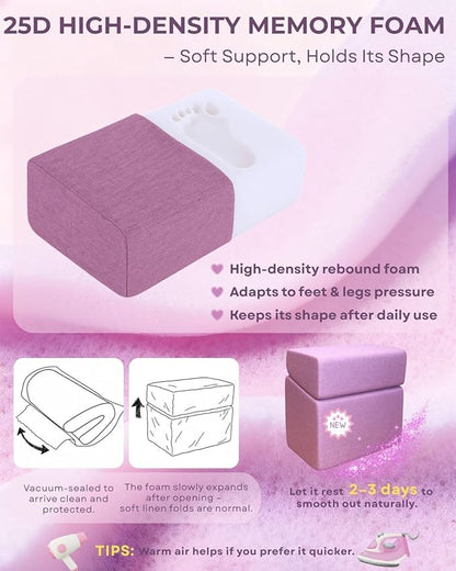 Purple Adjustable Foot Rest for Under Desk at Work – Ergonomic Linen Memory Foam Footrest Pillow with Breathable Washable Cover, DIY Height Adjustment for Office Chair, Gaming, Home & Travel Use