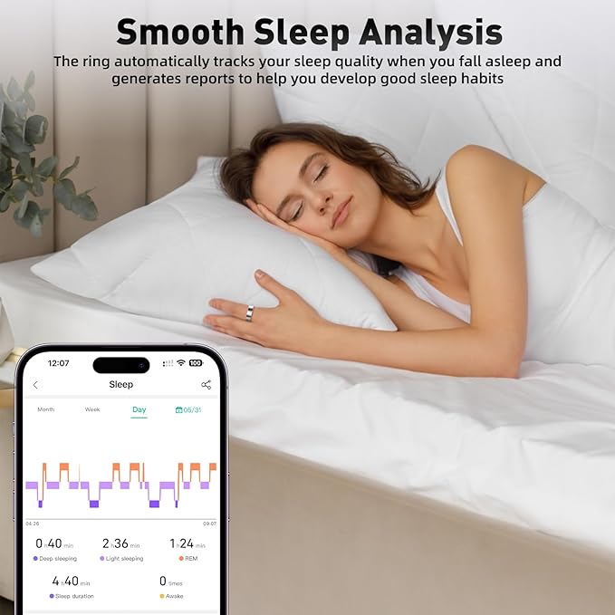 Smart Ring with Sleep Monitoring, Step Counting, Heart Rate, Blood Oxygen for iPhone and Android, No Subscription Fee, IP68 Waterproof Health Tracker (Black, 7)