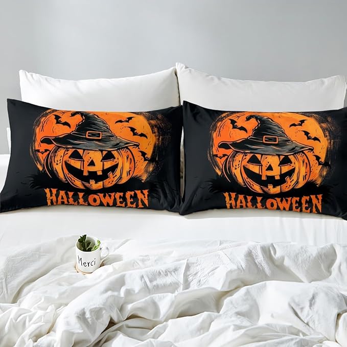 Happy Halloween Fitted Sheet Queen Size,Psychedelic Pumpkin Hippie Graffiti Bed Cover(1 Fitted Sheet+1 Pillow Case),Halloween Witch Hat Bats Trippy Orange Black Mattress Cover