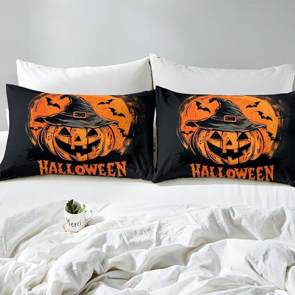 Happy Halloween Fitted Sheet Queen Size,Psychedelic Pumpkin Hippie Graffiti Bed Cover(1 Fitted Sheet+1 Pillow Case),Halloween Witch Hat Bats Trippy Orange Black Mattress Cover