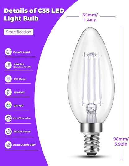 Flaspar 3 Pack E12 LED Purple Light Bulbs, E12 Filament Candelabra Bulb 4W 40W Equivalent, Vintage LED Purple Lights for Christmas Light Bulbs, Porch, Halloween Party, Black Decorative Lighting